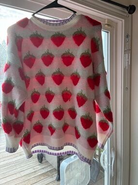 Rareraw Cream Strawberry-Print Crewneck Sweater fits up to large